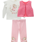 Trio de Colete em Matelassê Flores com Bata em Malha Comfy e Calça Legging em Termoskin Pel 90990 Infanti Bebê Menina