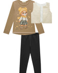 Trio de Blusa Alongada em Cotton Colete em Matelassê Flores e Calça Legging em Fly Tech 94209 Infanti Infantil Menina