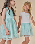 Vestido em Ribana Canelada e Tule Bordado 87209 Infanti Infantil Menina