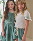 Conjunto de Blusa Cropped em Tecido Texturizado e Shorts em Linho com Elastano 88108 Infanti Infantil Menina