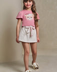 Conjunto de Blusa Boxy em Meia Malha e Short Saia em Moletom Linho sem Pelúcia 93242 Infanti Infantil Menina