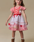 Vestido em Fly Tech Nylon e Tule Vermelho Como a Maçã Do Amor com Corações e Laços Aplicados. Doçura e Encanto Para a Festa Junina. 97504 Infanti Infantil Menina