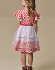 Vestido em Fly Tech Nylon e Tule Vermelho Como a Maçã Do Amor com Corações e Laços Aplicados. Doçura e Encanto Para a Festa Junina. 97504 Infanti Infantil Menina