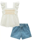 Conjunto de Bata em Blend de Linho e Shorts em Jeans com Elastano 87021 Infanti Bebê Menina