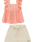 Conjunto de Bata em Linho Bordado Corações e Shorts em Sarja com Elastano 96913 Infanti Infantil Menina