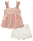 Conjunto de Bata em Linho Bordado Flores e Shorts em Sarja com Elastano 83947 Infanti Bebê Menina