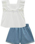 Conjunto de Bata em Tricoline Maquinetado e Shorts em Jeans 96893 Infanti Infantil Menina