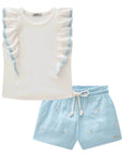 Conjunto de Blusa Boxy em Canelado e Shorts em Linho Bordado Flores 84320 Infanti Infantil Menina
