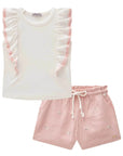 Conjunto de Blusa Boxy em Canelado e Shorts em Linho Bordado Flores 84320 Infanti Infantil Menina