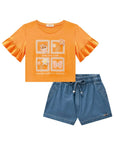 Conjunto de Blusa Boxy em Meia Malha com Shorts em Jeans 85191 Infanti Infantil Menina