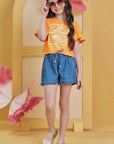 Conjunto de Blusa Boxy em Meia Malha com Shorts em Jeans 85191 Infanti Infantil Menina