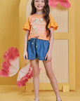 Conjunto de Blusa Boxy em Meia Malha com Shorts em Jeans 85191 Infanti Infantil Menina