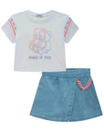 Conjunto de Blusa Boxy em Meia Malha e Short Saia em Jeans com Elastano 83449 Infanti Infantil Menina