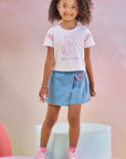 Conjunto de Blusa Boxy em Meia Malha e Short Saia em Jeans com Elastano 83449 Infanti Infantil Menina