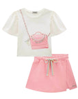 Conjunto de Blusa Boxy em Meia Malha e Short Saia em Moletom sem Pelúcia 87772 Infanti Infantil Menina