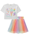 Conjunto de Blusa Boxy Over em Meia Malha e Saia em Tela. Com Shorts Embutido 83459 Infanti Infantil Menina
