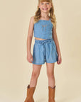 Conjunto de Blusa Cropped e Shorts em Jeans Teca 81637 Infanti