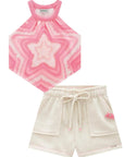 Conjunto de Blusa Cropped em Malha Power e Shorts em Moletom Linho sem Pelucia 87188 Infanti Infantil Menina