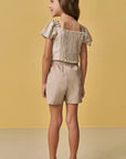 Conjunto de Blusa Cropped em Tecido Plissado e Short Saia em Tricoline com Elastano 88154 Infanti Infantil Menina