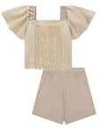 Conjunto de Blusa Cropped em Tecido Plissado e Short Saia em Tricoline com Elastano 88154 Infanti Infantil Menina