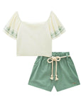 Conjunto de Blusa Cropped em Tecido Texturizado e Shorts em Linho com Elastano 88108 Infanti Infantil Menina