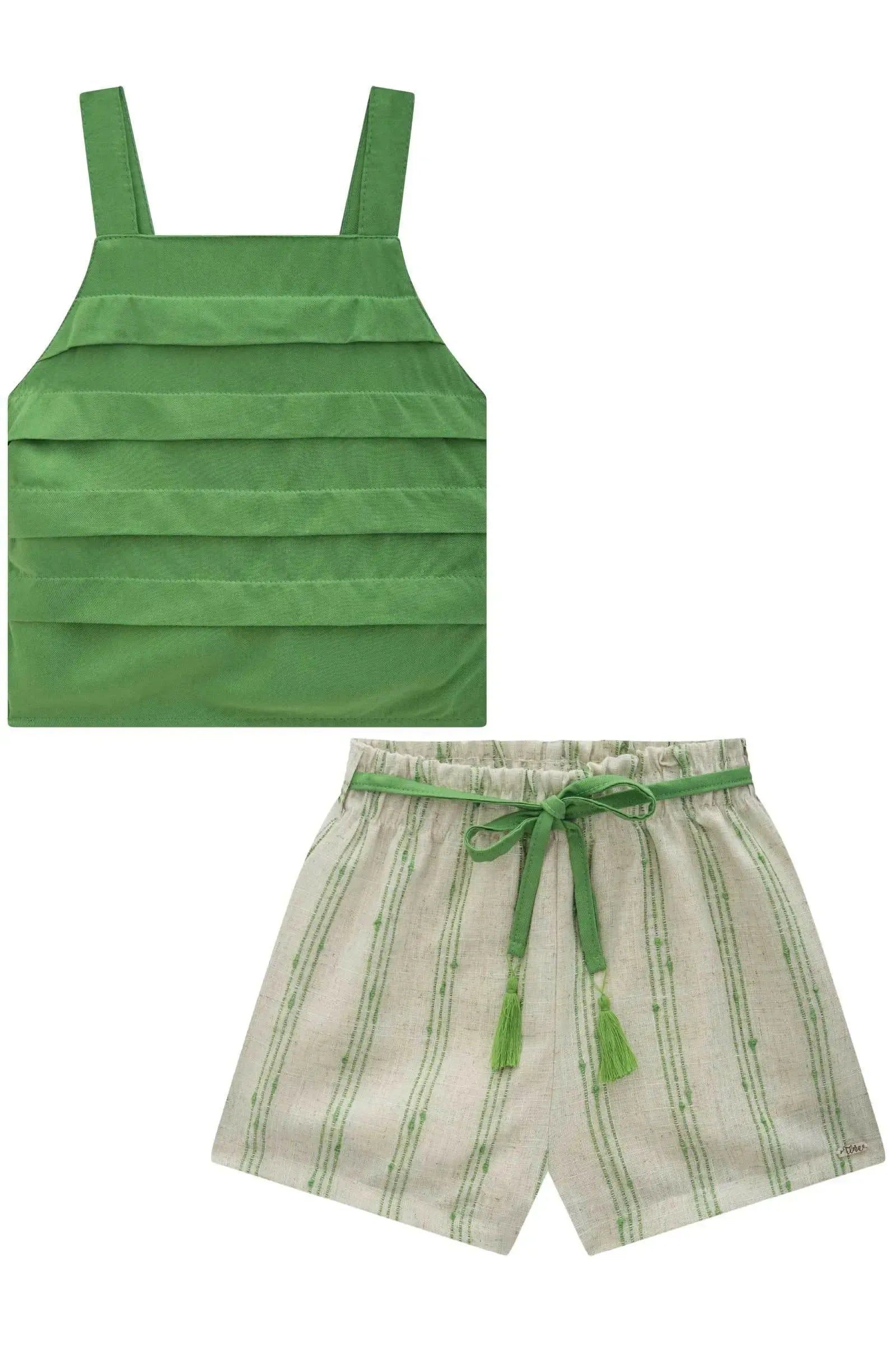 Conjunto de Blusa Cropped em Viscose com Shorts em Linho Bordado Listras 85240 Infanti Infantil Menina