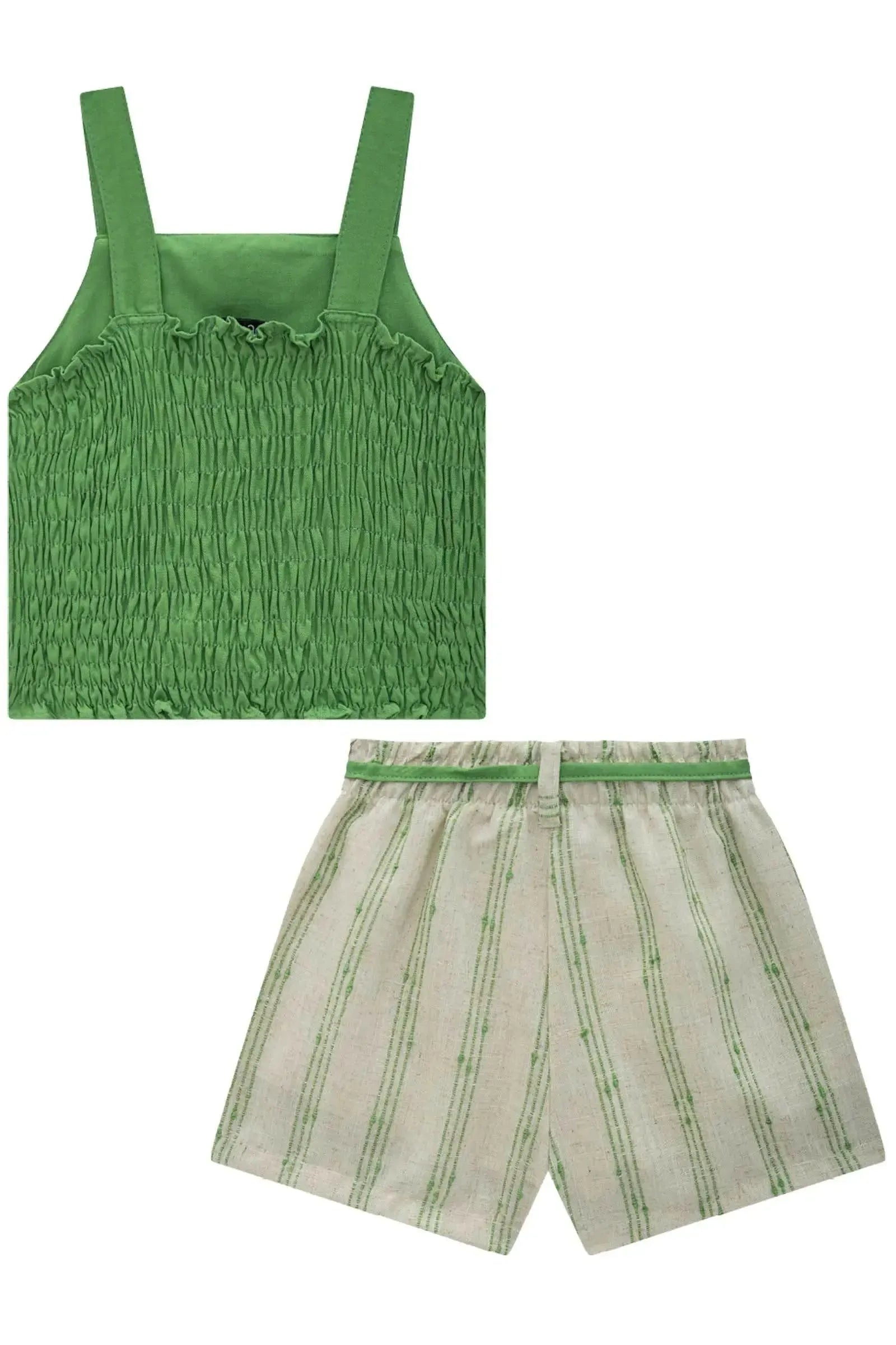 Conjunto de Blusa Cropped em Viscose com Shorts em Linho Bordado Listras 85240 Infanti Infantil Menina