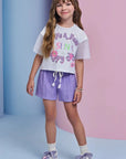 Conjunto de Blusa em Meia Malha e Tela e Shorts em Blend de Viscose 93215 Infanti Infantil Menina