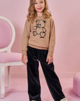 Conjunto de Blusão Boxy em Moletom com Pelúcia e Calça Wide Leg em Veludo com Elastano 92587 Infanti Infantil Menina