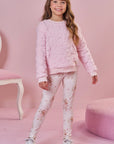 Conjunto de Blusão em Pelo Flores e Calça Legging em Termoskin Peluciado 92143 Infanti Infantil Menina