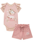 Conjunto de Body em Ribana Canelada com Shorts em Cotton Jeans 93422 Infanti Bebê Menina