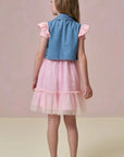 Conjunto de Vestido em Canelado Liz e Tule com Elastano e Colete em Jeans 97252 Infanti Infantil Menina