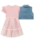 Conjunto de Vestido em Canelado Liz e Tule com Elastano e Colete em Jeans 97252 Infanti Infantil Menina