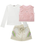 Trio de Blusa em Cotton Colete em Pelo Carneirinho e Short Saia em Moletom sem Pelúcia 90831 Infanti Infantil Menina