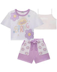 Trio de Top em Canelado Blusa Boxy em Tela e Shorts em Moletom 83121 Infanti Infantil Menina