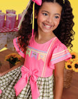 Vestido Junino Fashion em Malha Power e Tecido Xadrez 100% Algodão 97816 Kukiê Infantil Menina