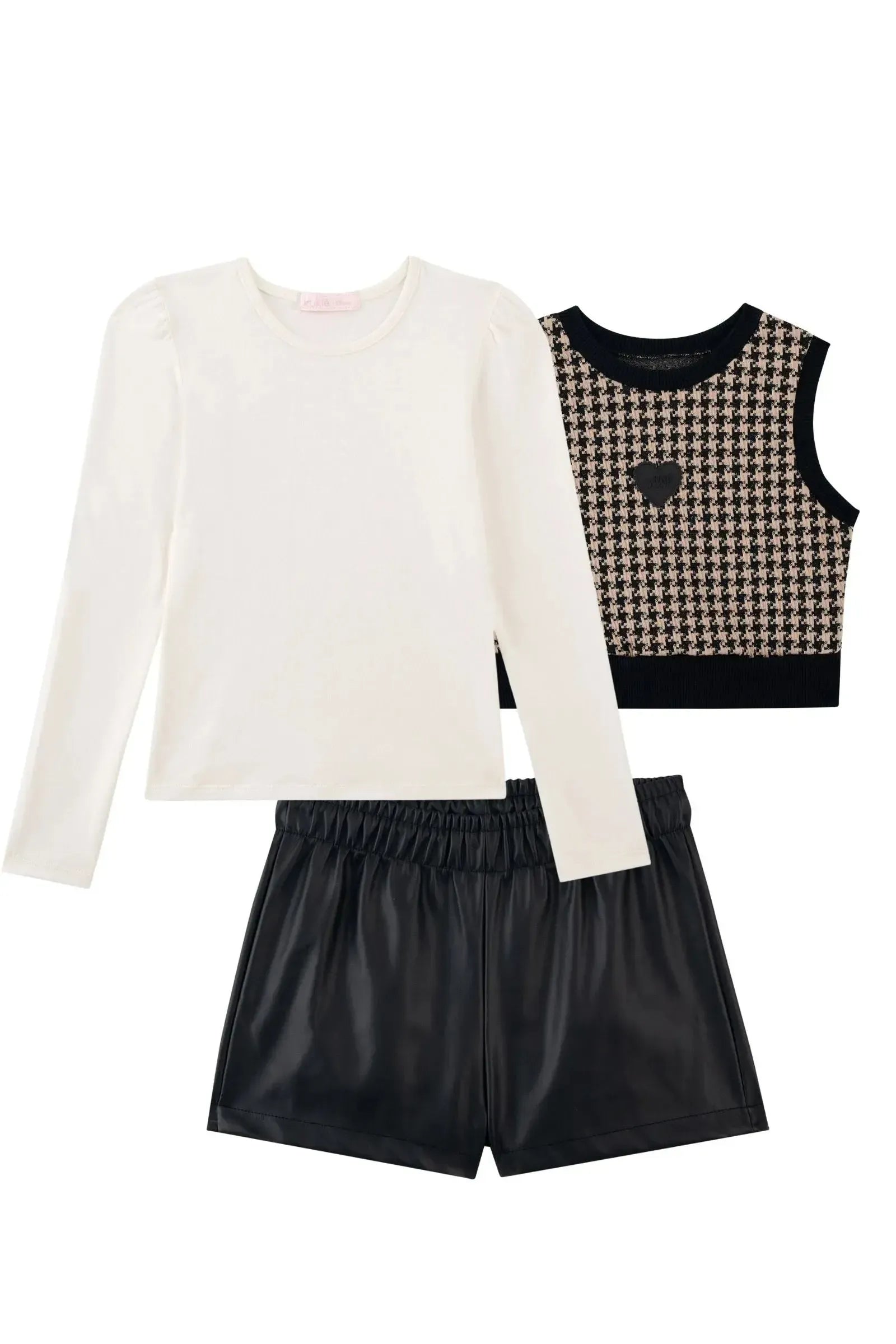 Trio de Blusa em Cotton Shorts em Couro Eco e Colete em Malha Jacquard Pied de Poule 91739 Kukiê Infantil Menina