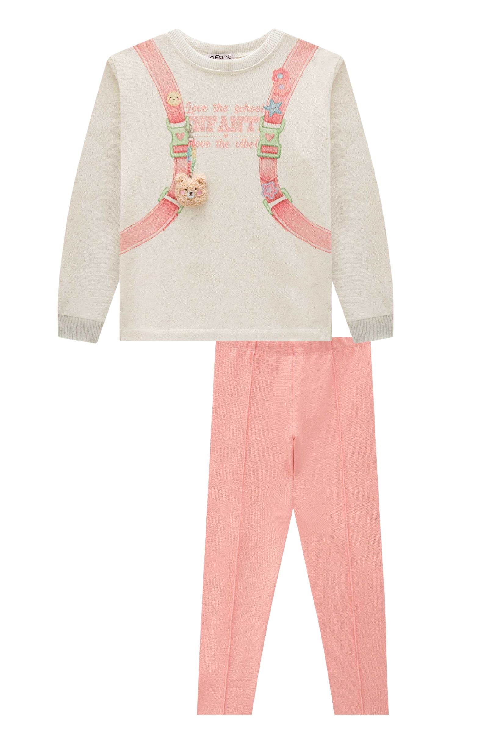 Conjunto de Blusão em Moletom Linho sem Pelúcia e Calça Legging em Moletwill 91808 Infanti Infantil Menina