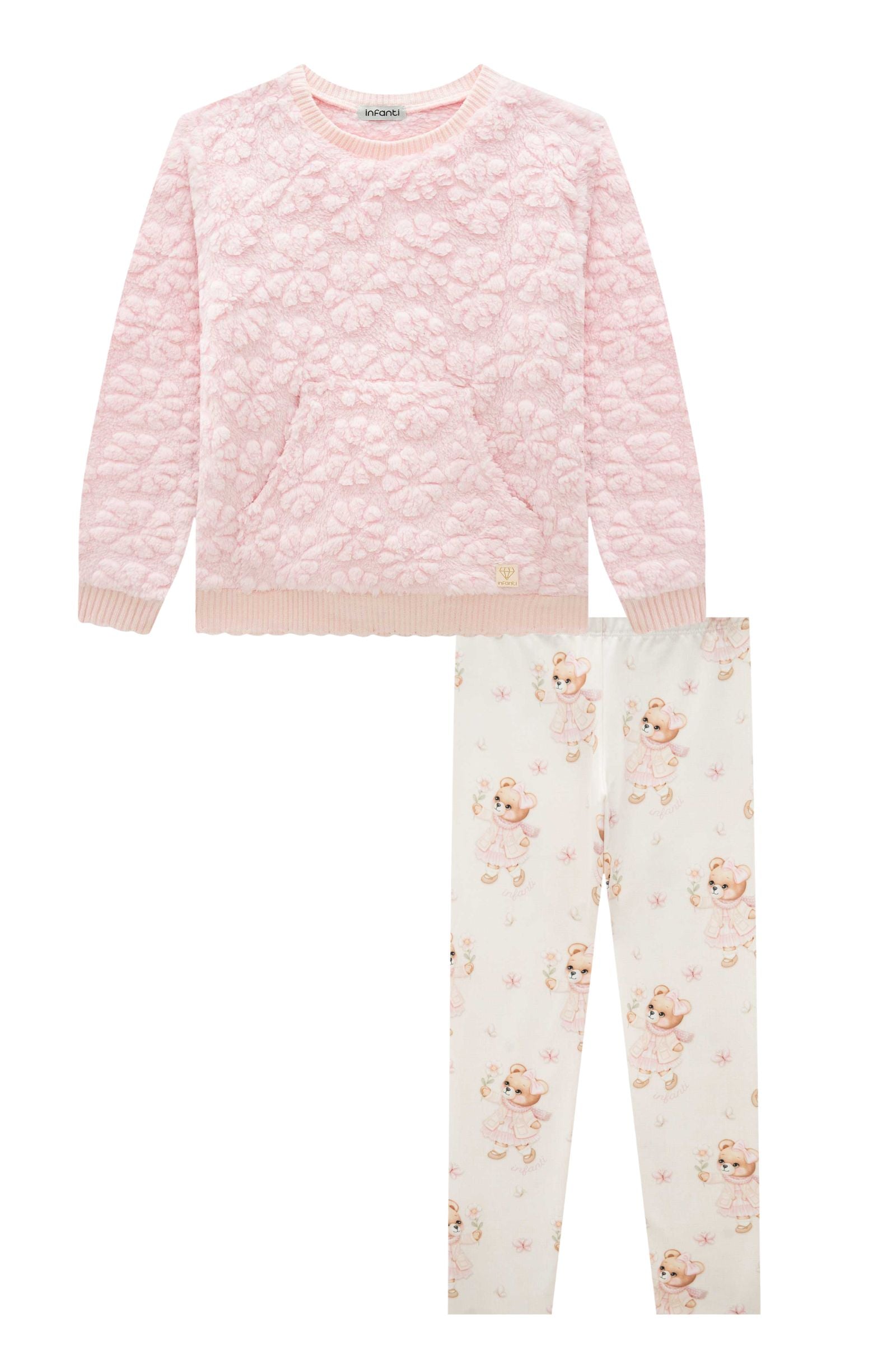 Conjunto de Blusão em Pelo Flores e Calça Legging em Termoskin Peluciado 92143 Infanti Infantil Menina