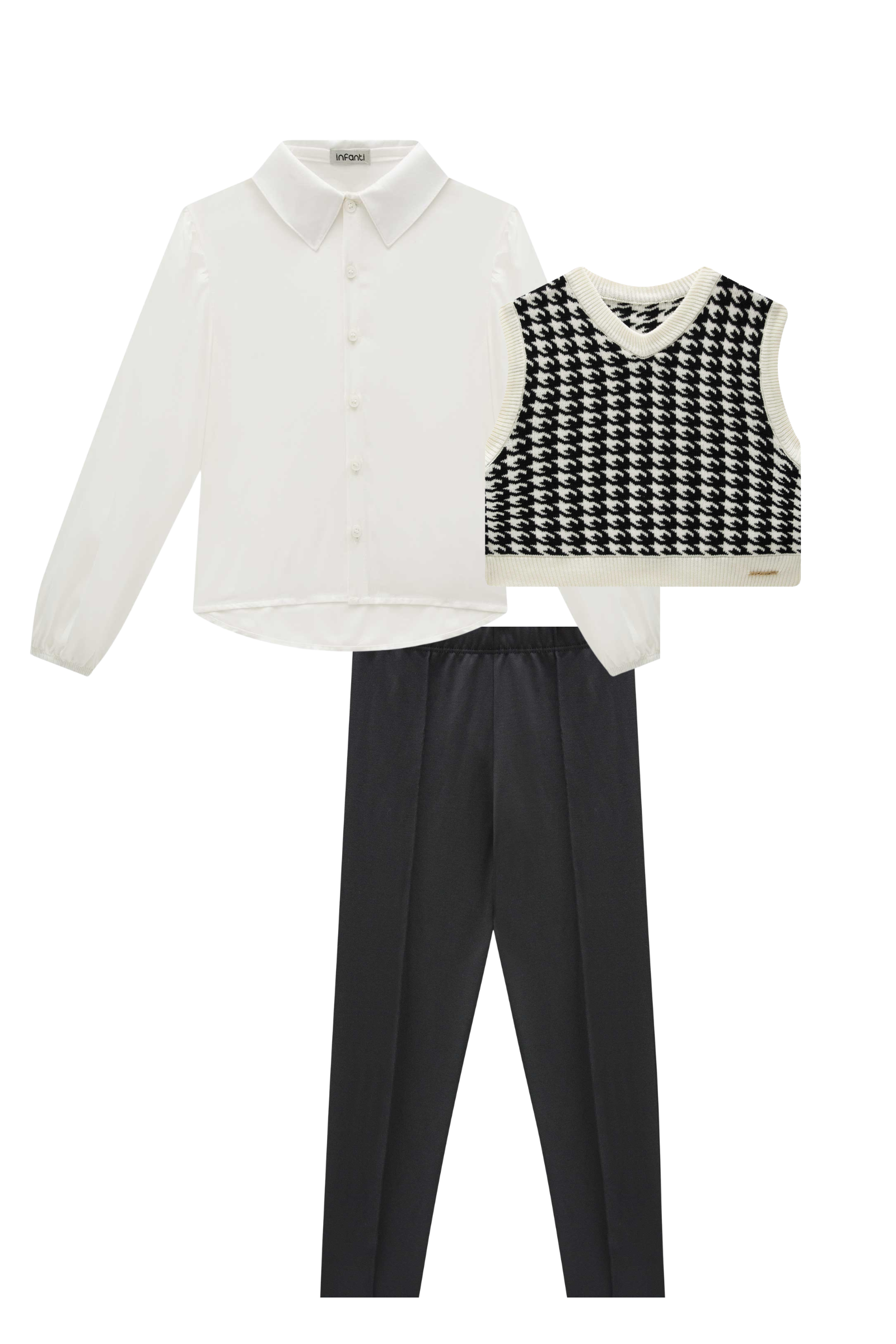 Trio de Camisa em Viscose Colete em Tricot e Calça Legging em Termoskin Peluciado 87689 Infanti Infantil Menina