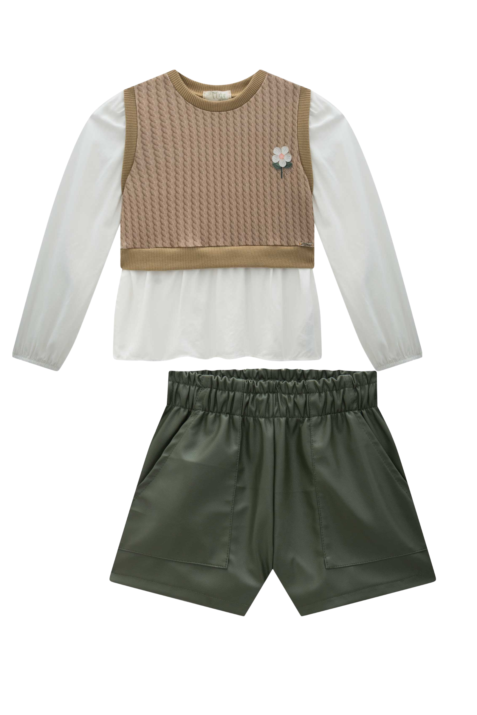 Conjunto de Camisa em Viscose Sarjada e Molecotton com Shorts em Couro Sintético 90509 Infanti Infantil Menina