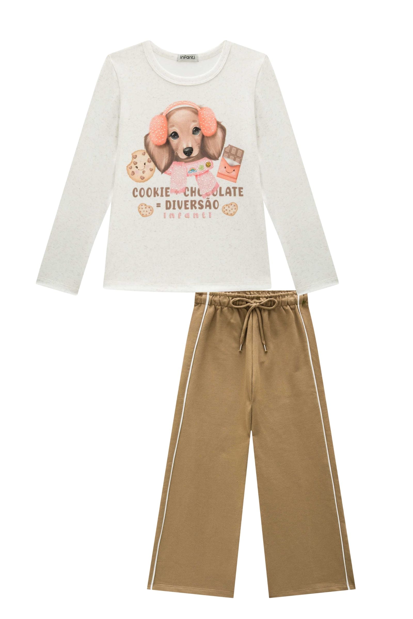 Conjunto de Blusa em Malha Power e Calça Wide Leg em Moletom sem Pelúcia 92504 Infanti Infantil Menina