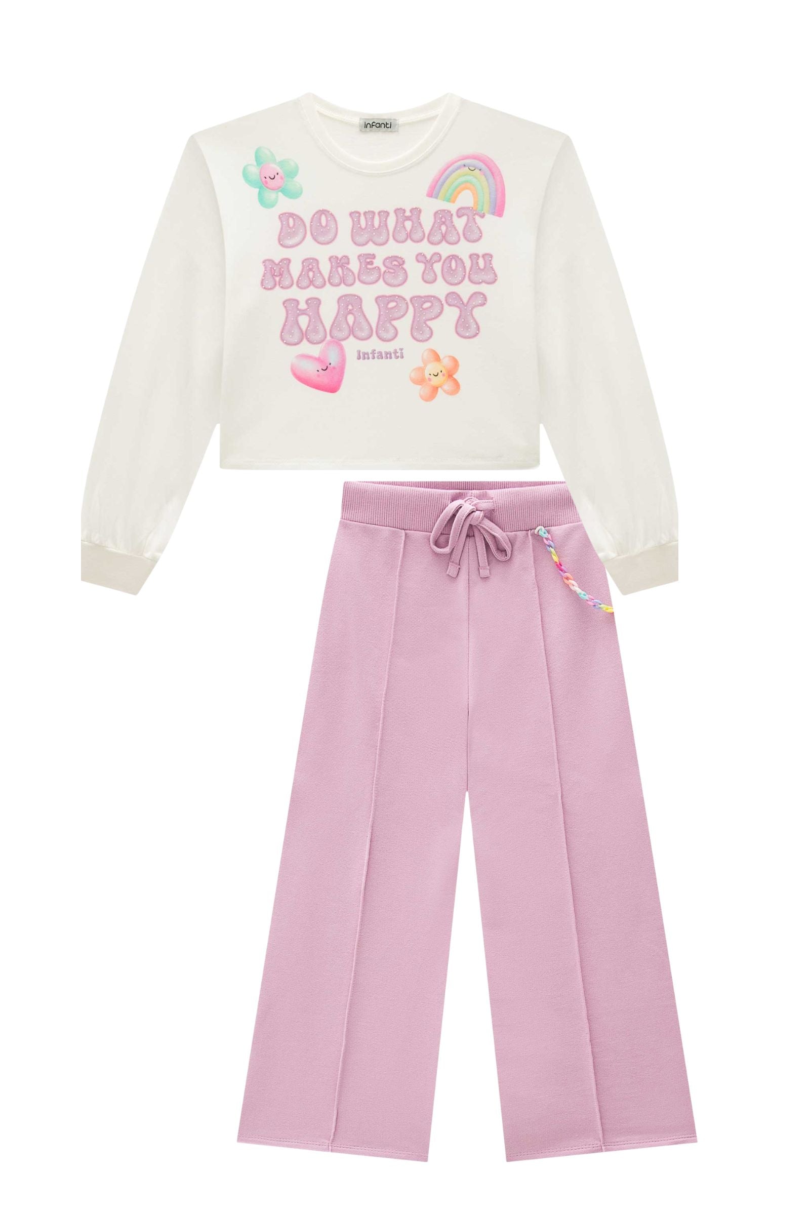 Conjunto de Blusa Boxy em Meia Malha e Calça Wide Leg em Moletom sem Pelúcia 91814 Infanti Infantil Menina