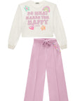 Conjunto de Blusa Boxy em Meia Malha e Calça Wide Leg em Moletom sem Pelúcia 91814 Infanti Infantil Menina