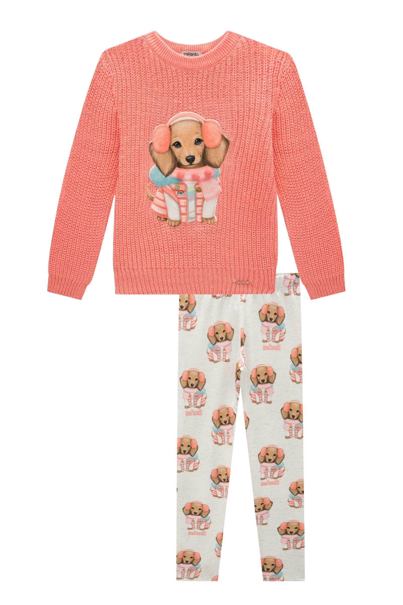 Conjunto de Blusão em Tricot e Calça Legging em Termoskin Peluciado 92364 Infanti Infantil Menina