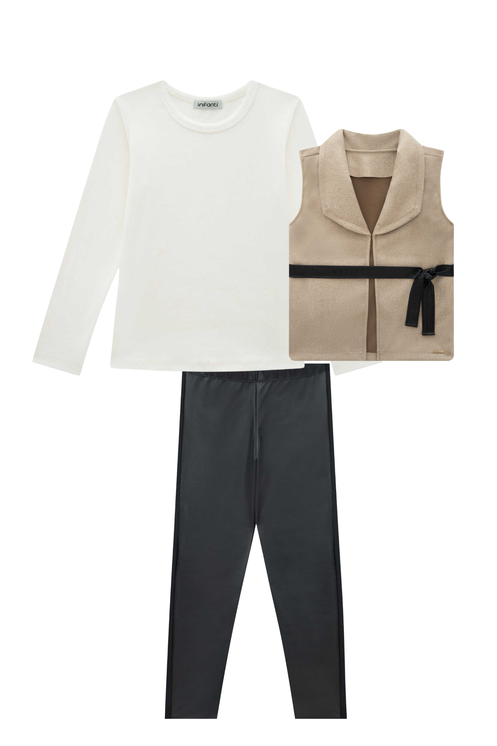 Trio de Blusa em Canelado Liz Calça Legging em Couro Sintético e Termoskin e Colete em Lã 90746 Infanti Infantil Menina