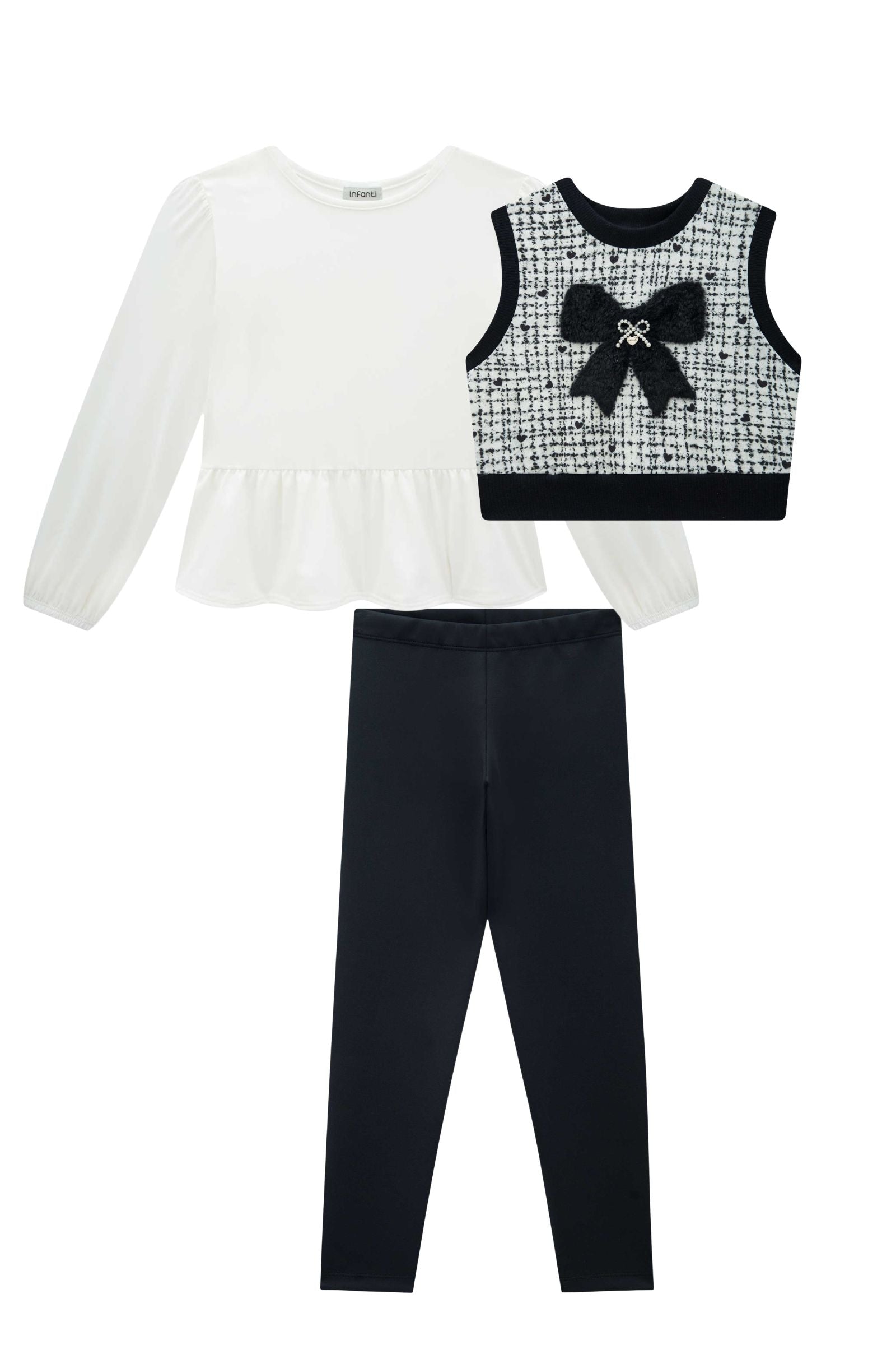 Trio de Blusa em Malha Comfy Colete em Molecotton e Calça Legging em Fly Tech 92495 Infanti Infantil Menina