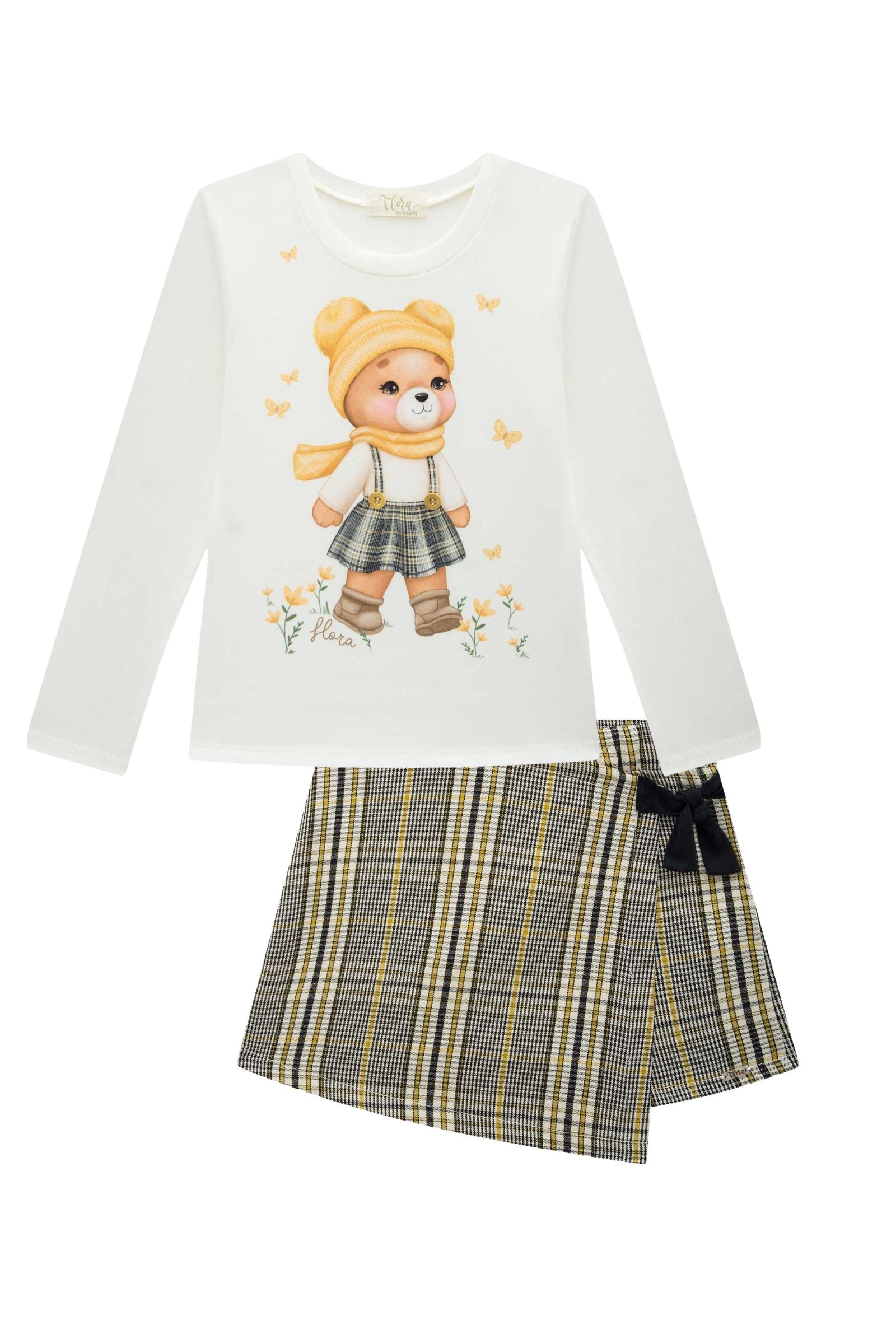 Conjunto de Blusa em Cotton com Short Saia em Alfaiataria Xadrez 91833 Infanti Infantil Menina