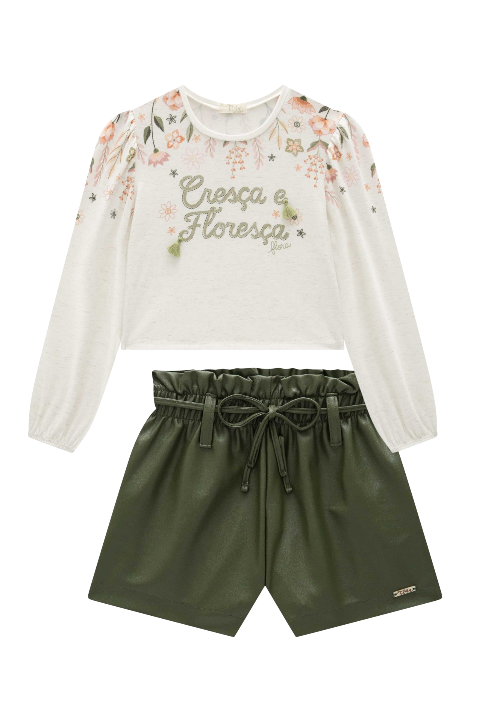 Conjunto de Blusa Boxy em Malha Fresh e Shorts em Couro Sintético 90496 Infanti Infantil Menina