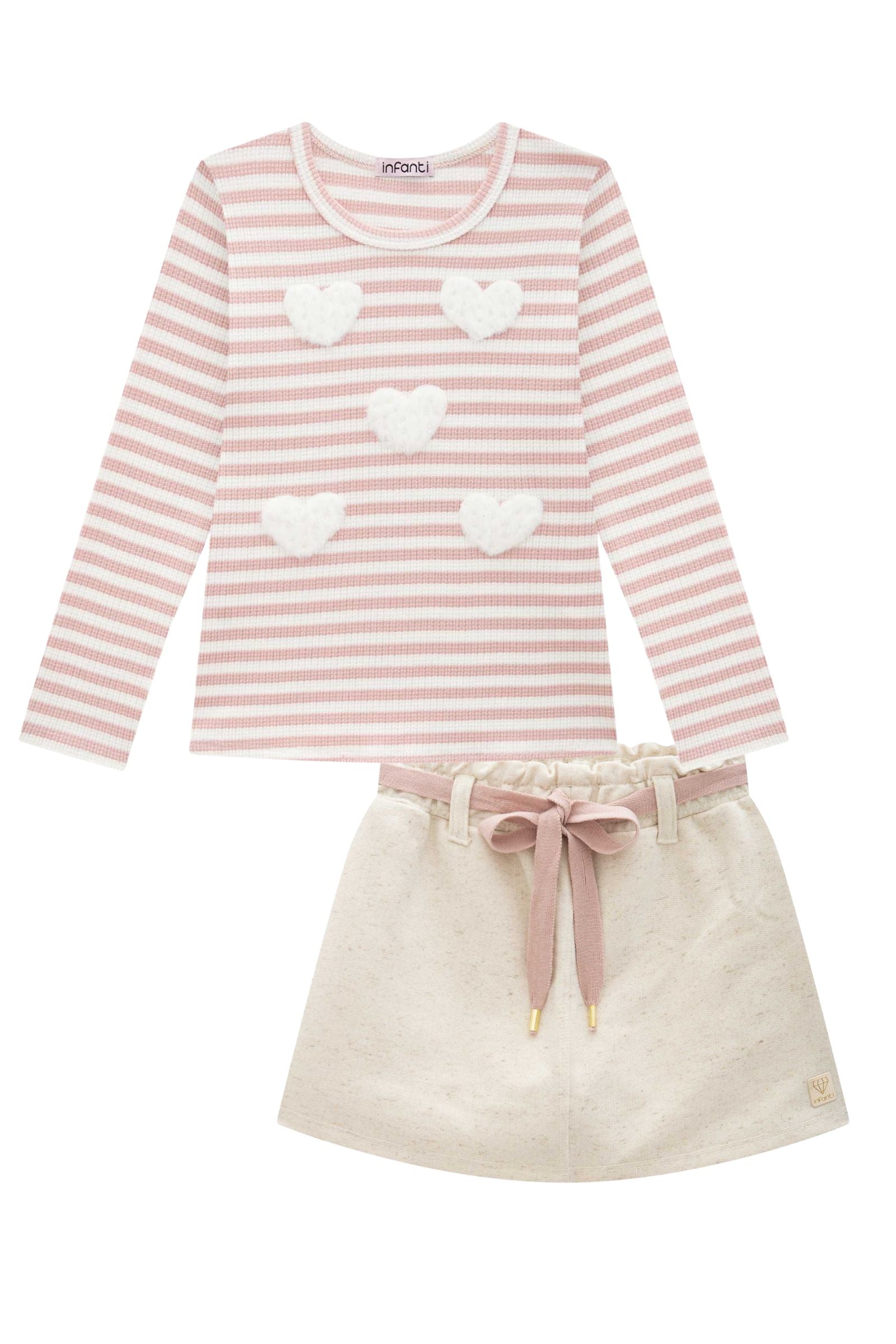 Conjunto de Blusa em Malha Waffle Listrada e Short Saia em Moletom Linho sem Pelúcia 91926 Infanti Infantil Menina